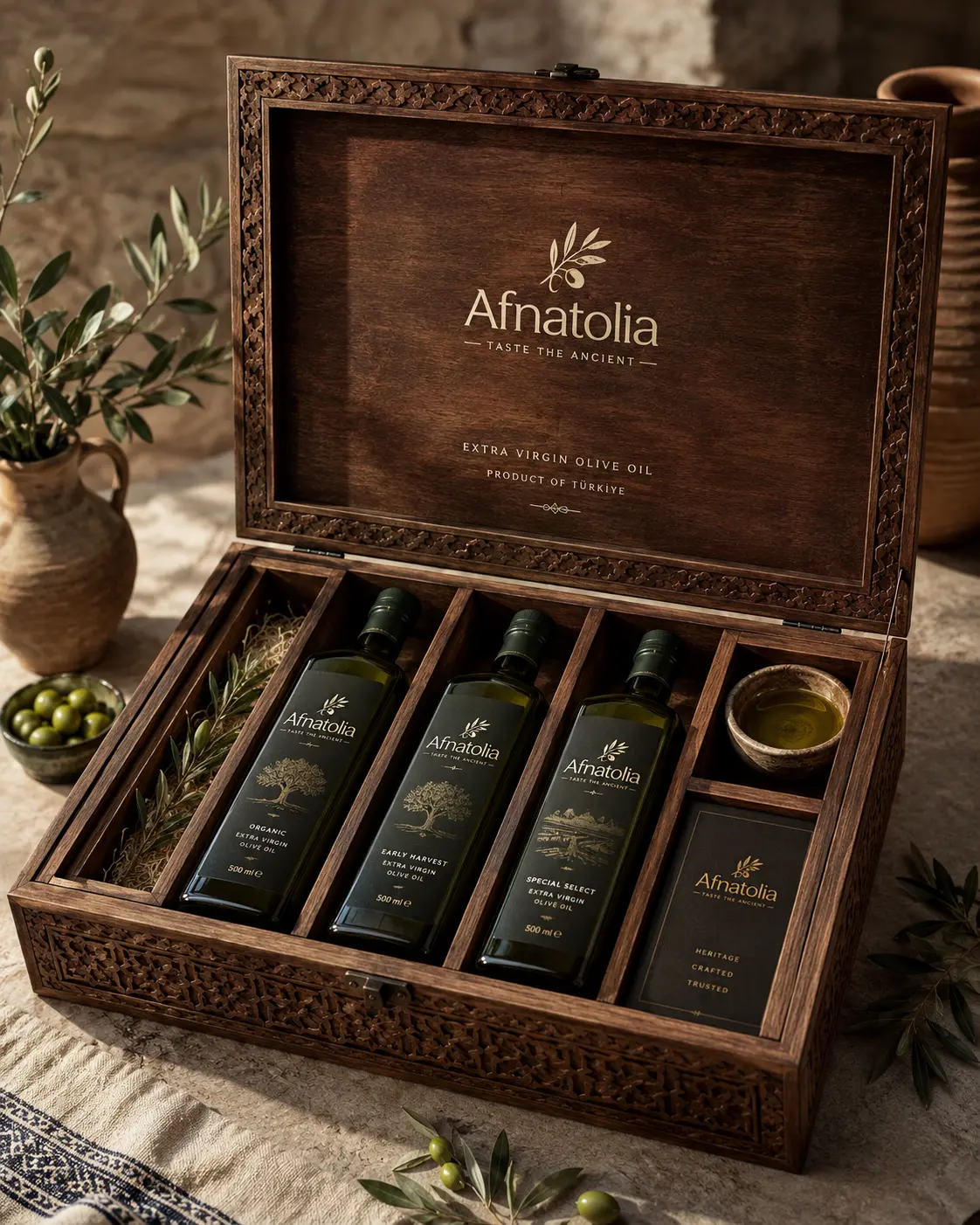 Carved wooden chest with three olive oil bottles and a tasting bowl