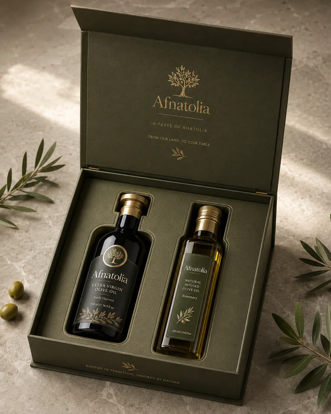 Open green gift box with an extra virgin olive oil bottle and a rosemary infused oil bottle