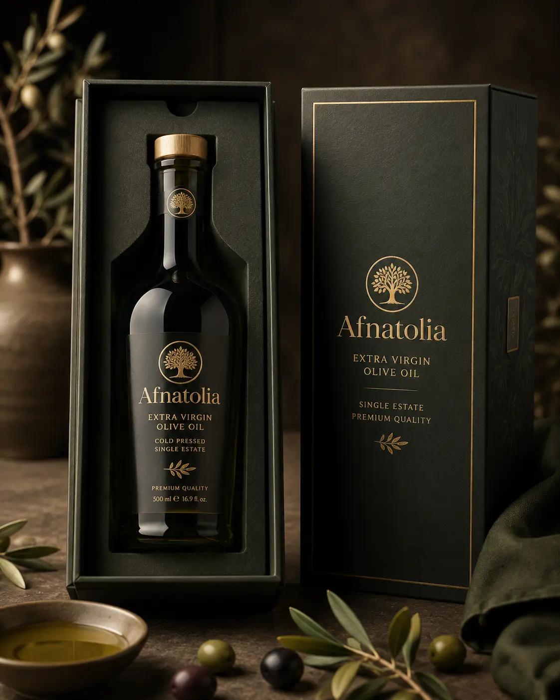 Black and gold presentation box with a single dark bottle of olive oil