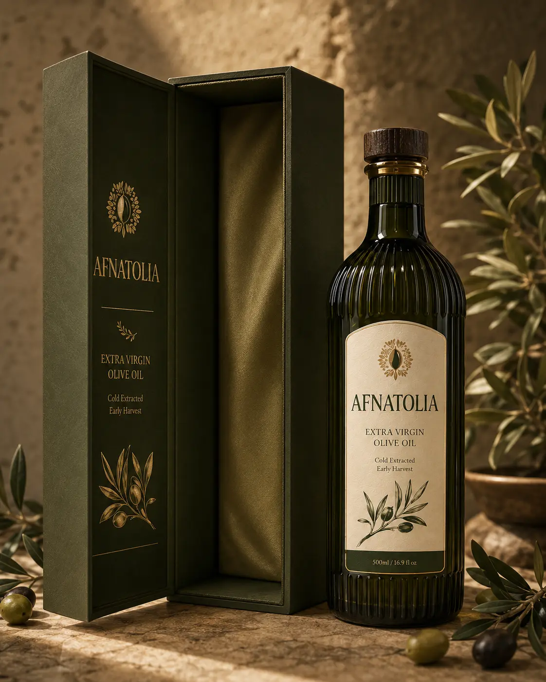 Tall green slipcase box beside a fluted decorative olive oil bottle