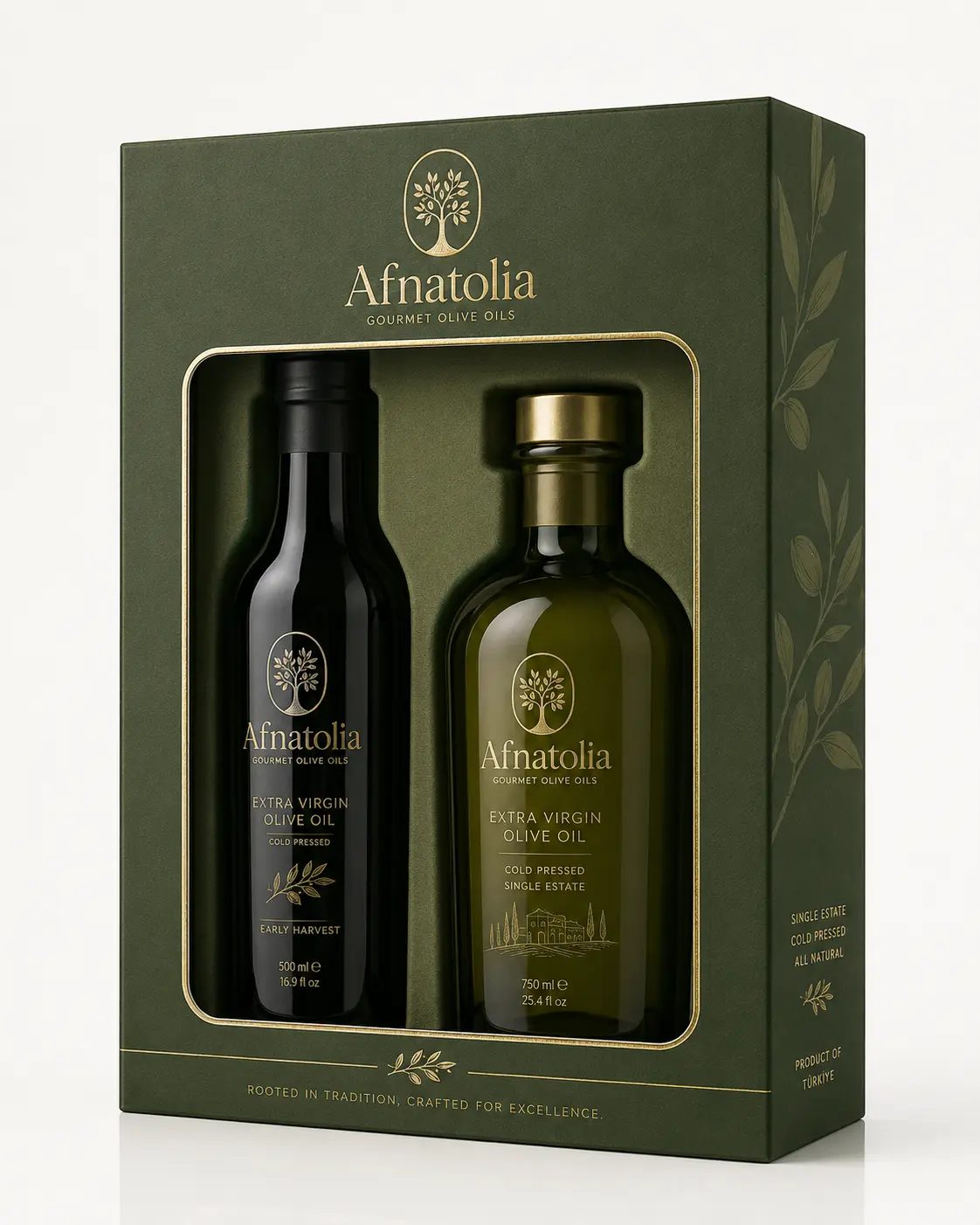 Green gift box with a window showing two olive oil bottles