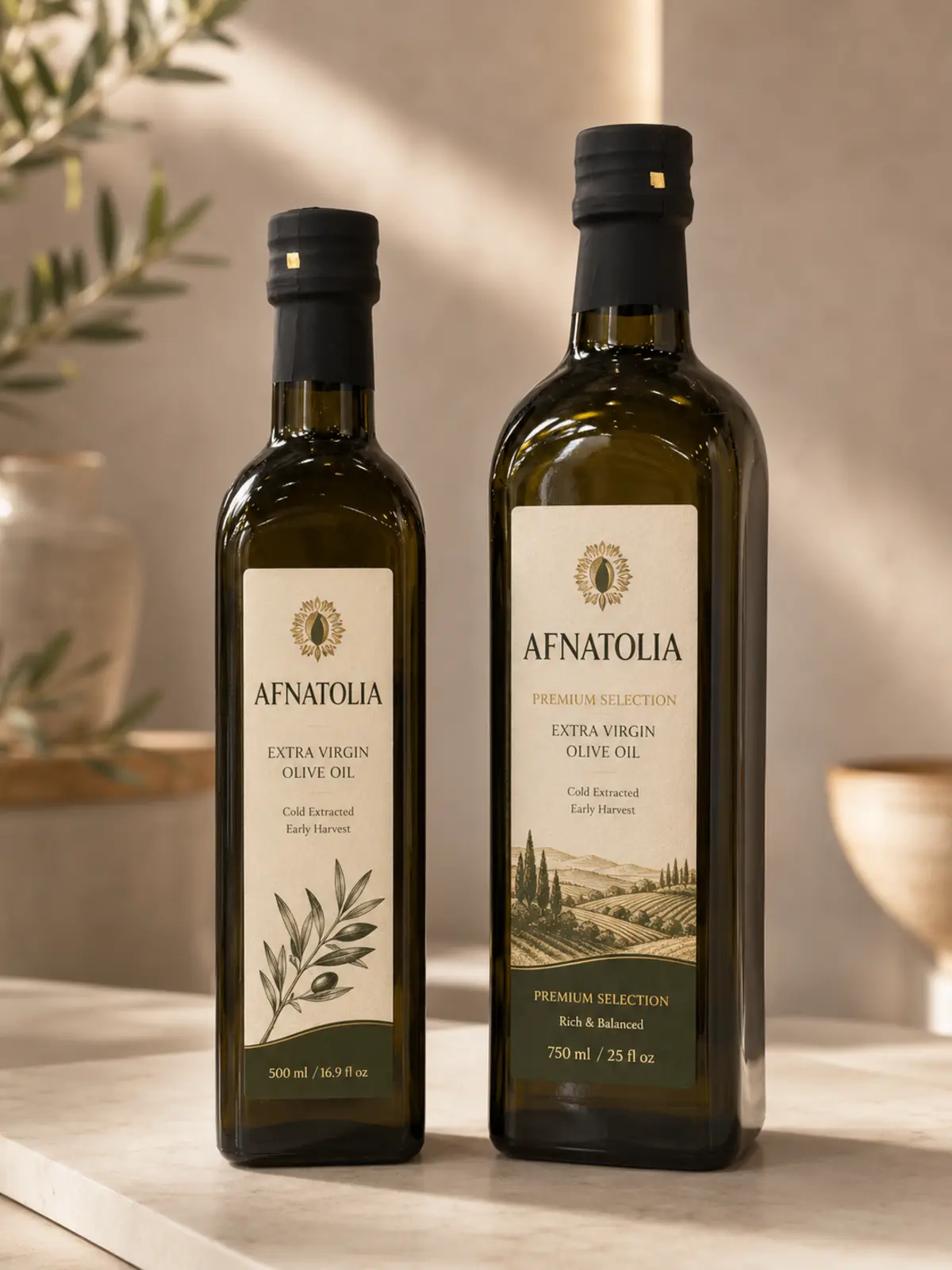 Afnatolia early harvest extra virgin olive oil in two dark glass bottles