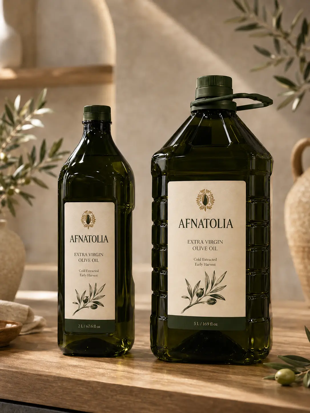 Afnatolia family-size olive oil bottles, two and five litres
