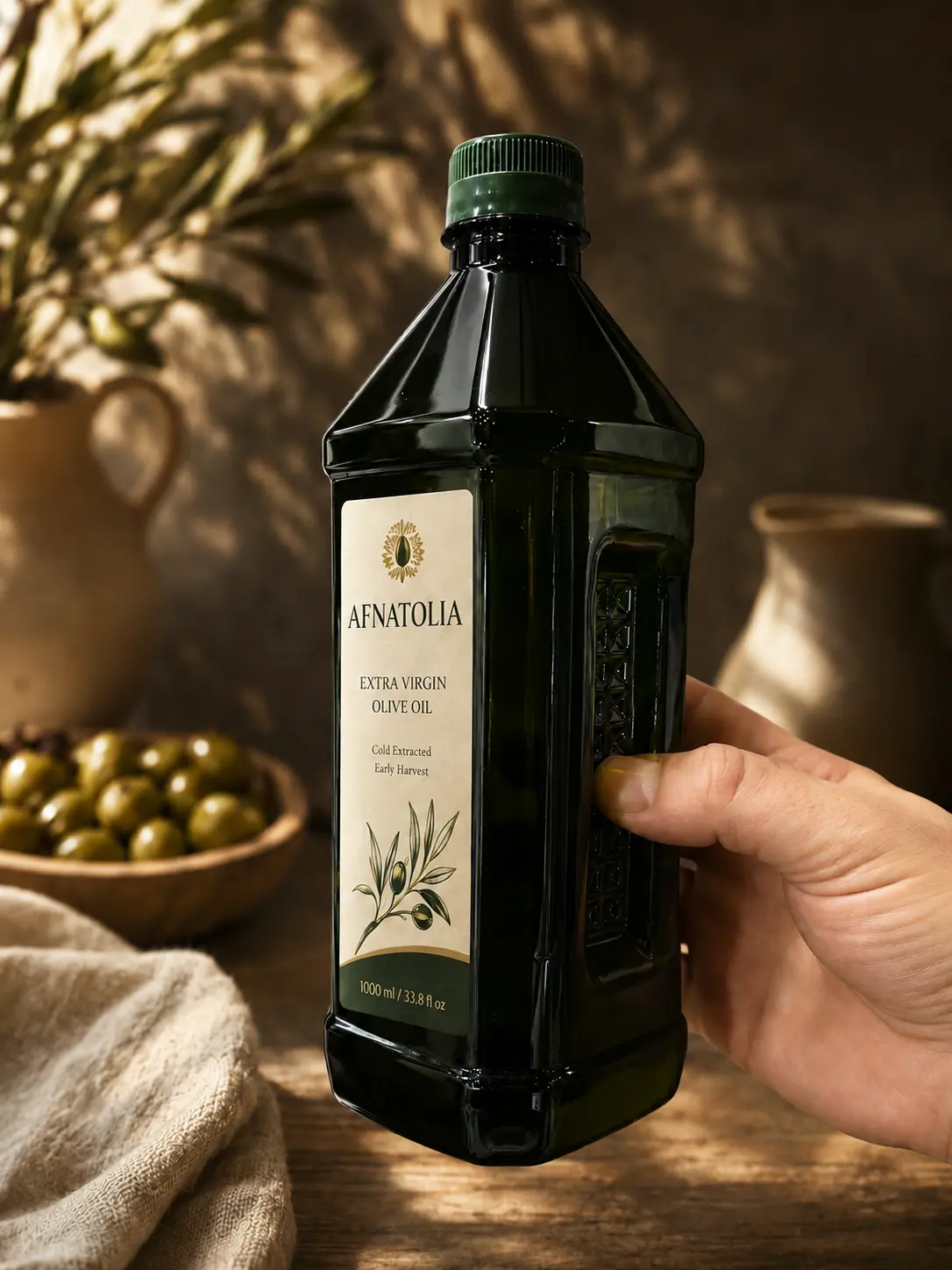 A hand holding a bottle of Afnatolia olive oil