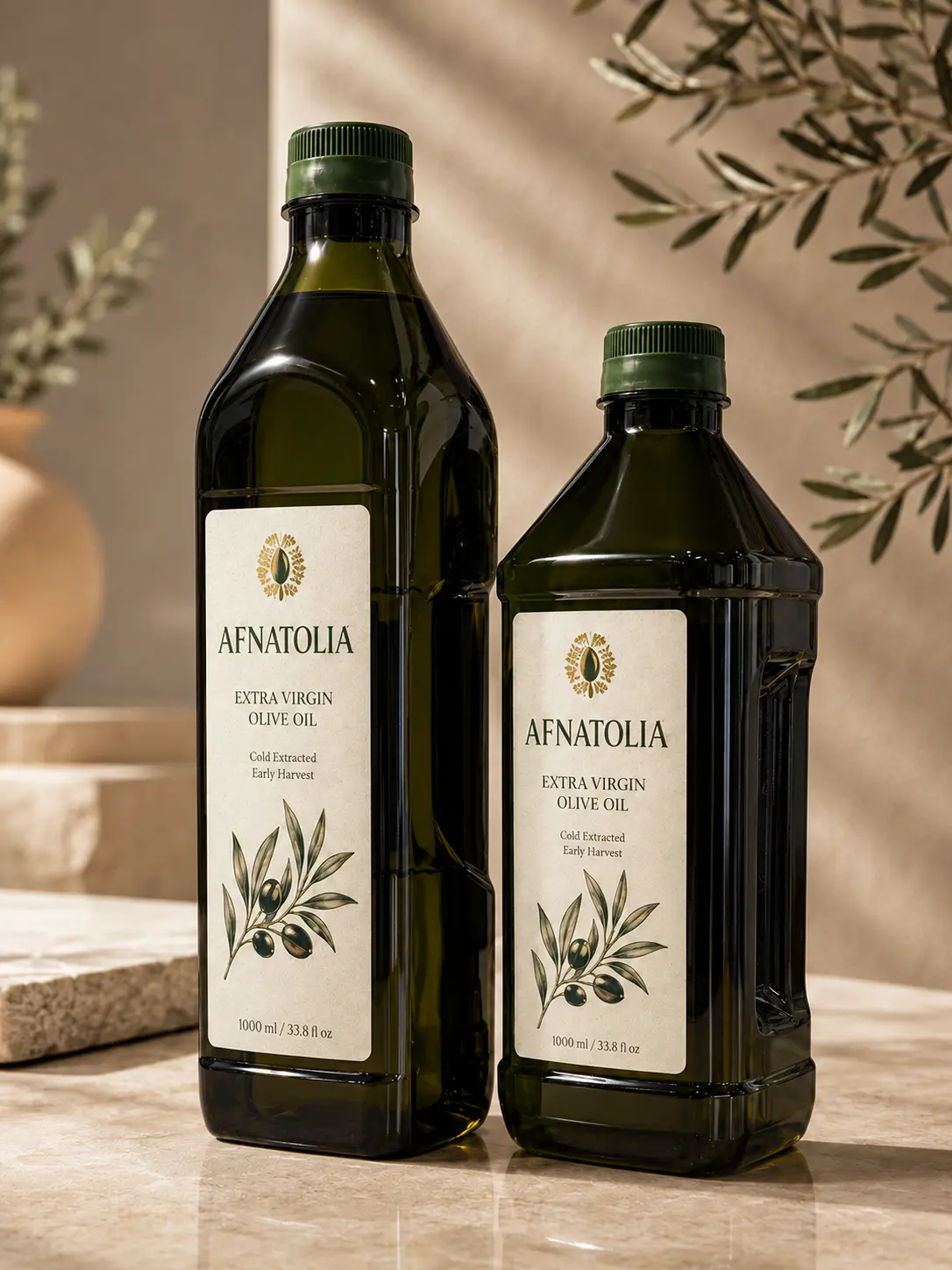 Afnatolia extra virgin olive oil bottles on a kitchen counter