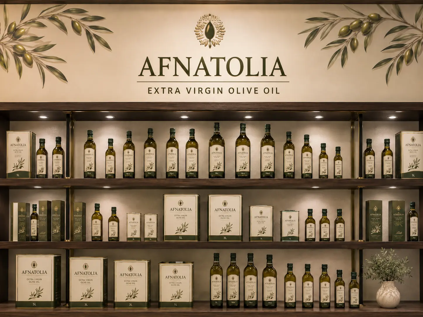 Afnatolia retail shelf display with bottles and tins