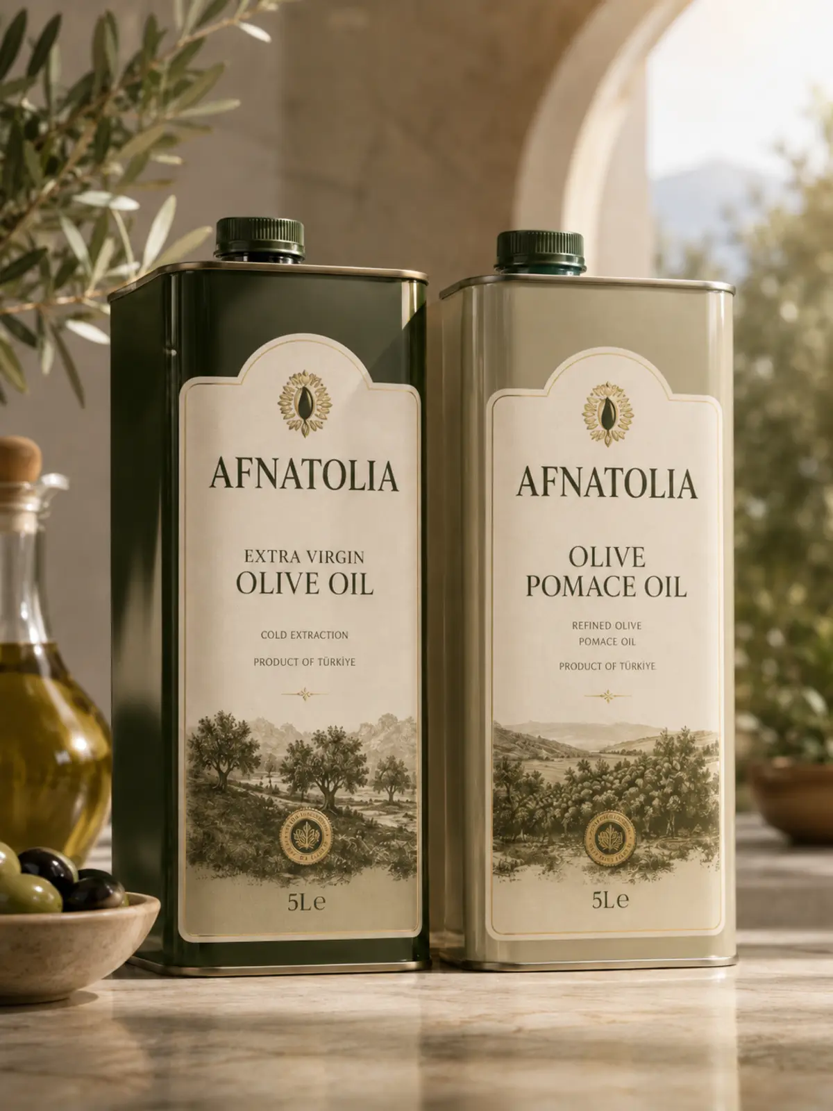 Afnatolia extra virgin and pomace olive oil in five-litre tins